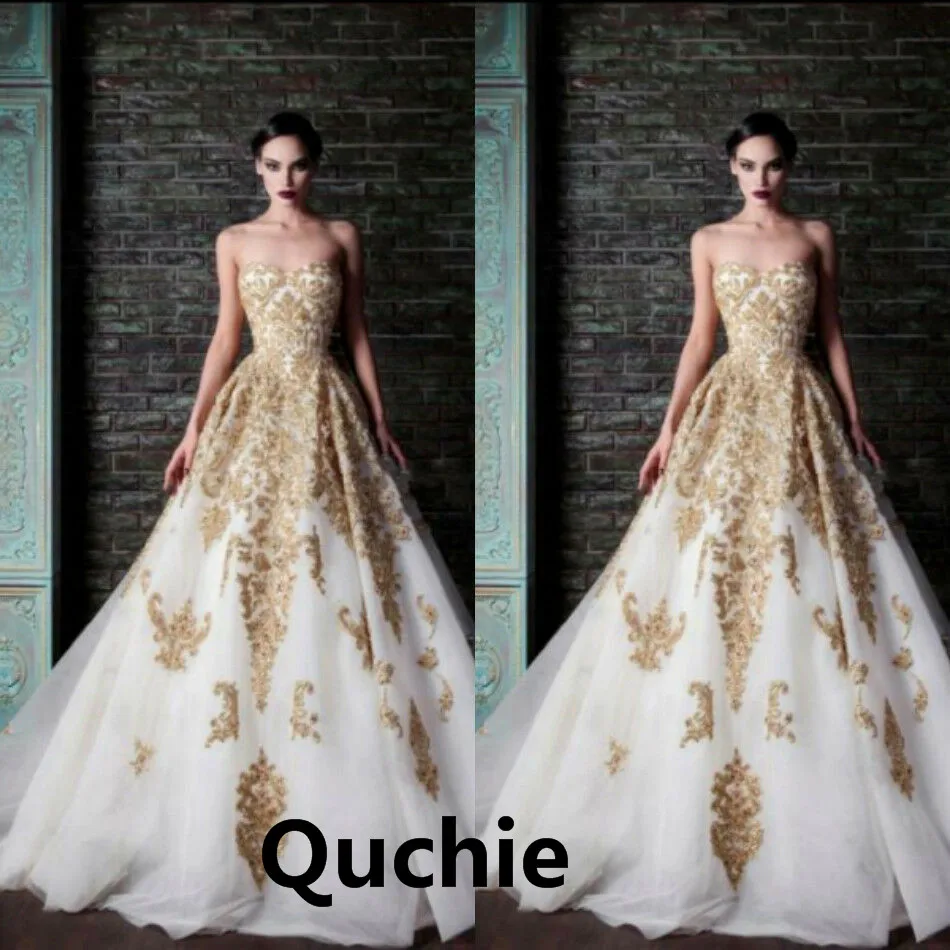 

Ivory Wedding Dress Golden Appliques Tulle Strapless Bodice Vintage Illusion Bridal Dress Formal Vestidos de Noiva