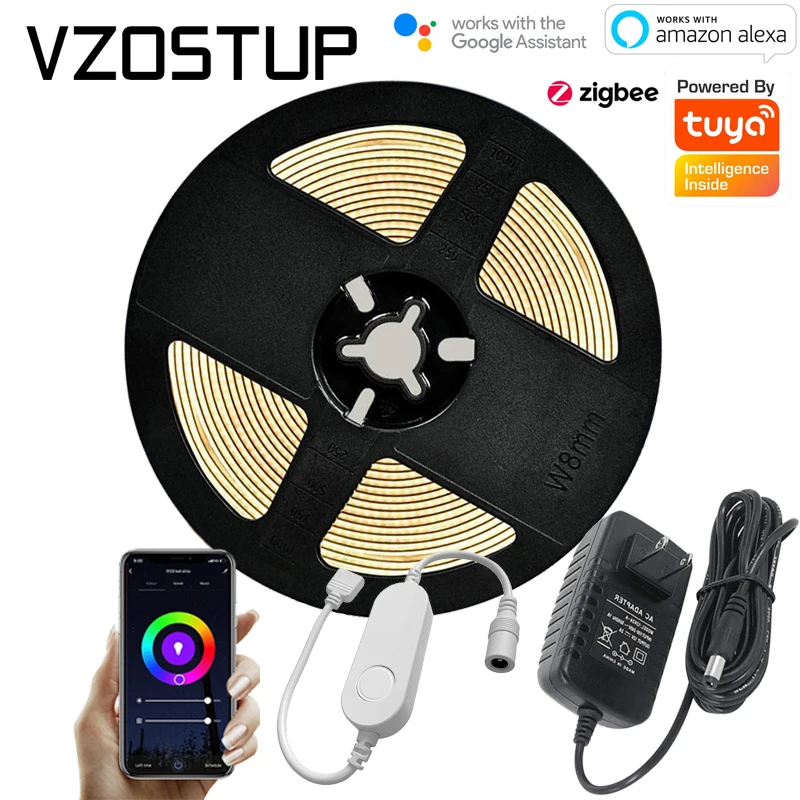 

COB Strip Light Full Set Tuya Smart App Zigbee Controller Dimmable Flexible FOB Tape Ribbon Lights DC12V Warm Nature Cold White