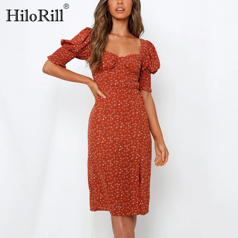 HiloRill Women Elegant Floral Print Party Dresses 2021 Puff Sleeve Sexy Split Backless Dress Summer V Neck Holiday Midi Dress