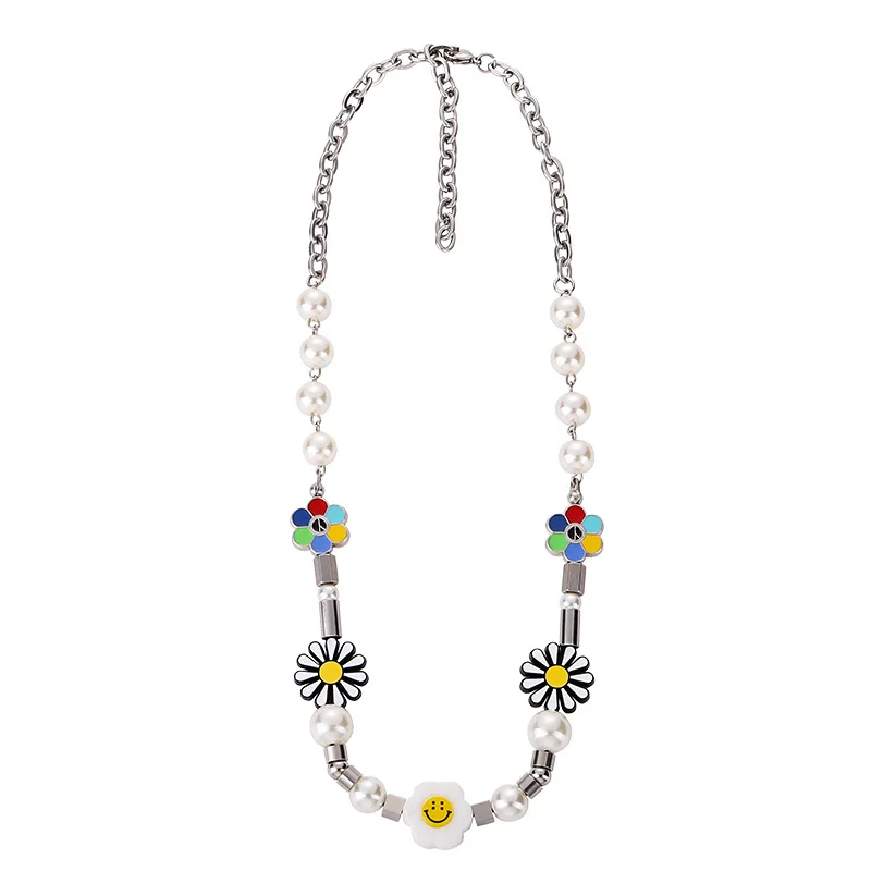 

New Personalized Irregular Flower Pendant Chain Sunflowe Daisy Pearl Necklace for Women Smiley Choker Girls Jewelry