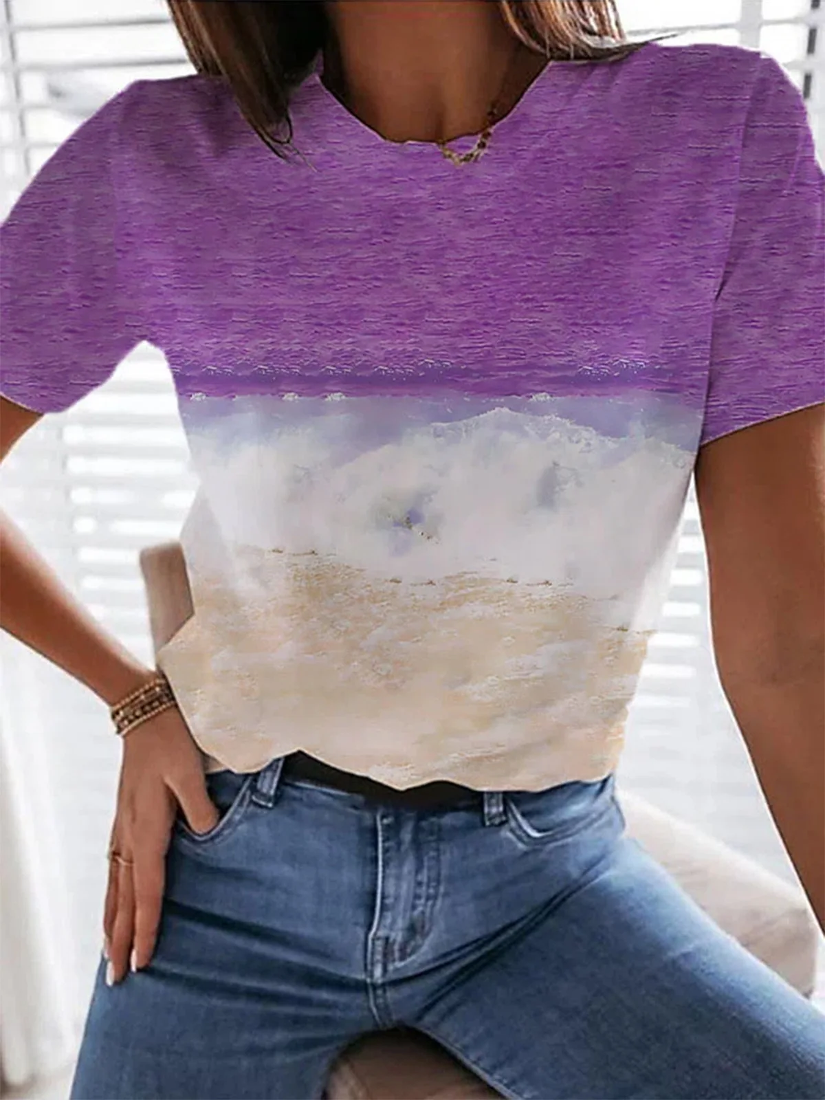 

2021 Summer Ocean Landscape Printed Ladies T-shirt Round Neck Casual Short Sleeve Loose Pullover Ladies Top