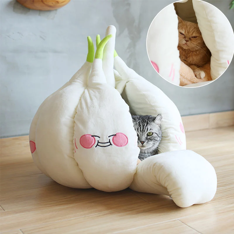 Cute Garlic Cat Nest Pet Tent Bed for Small Dogs Cats Winter Warm Cave Puppy Soft Cushion House Sleeper Doggy Nest Bed