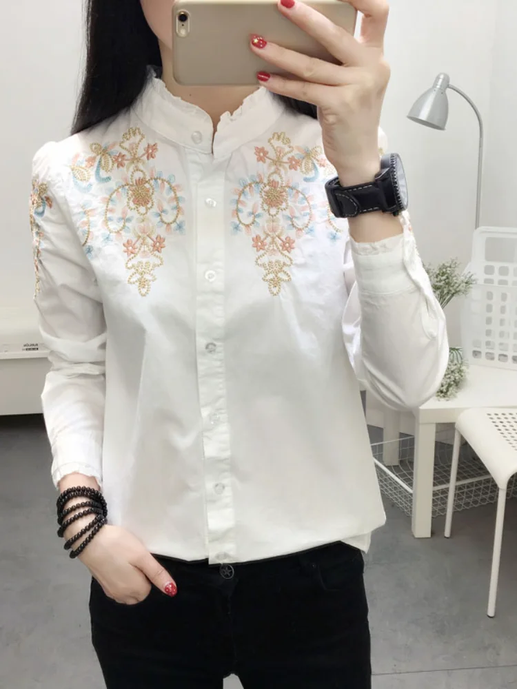 2019 Летний Новый вышитый цветок женские блузки и рубашки 100% хлопок тонкий офис