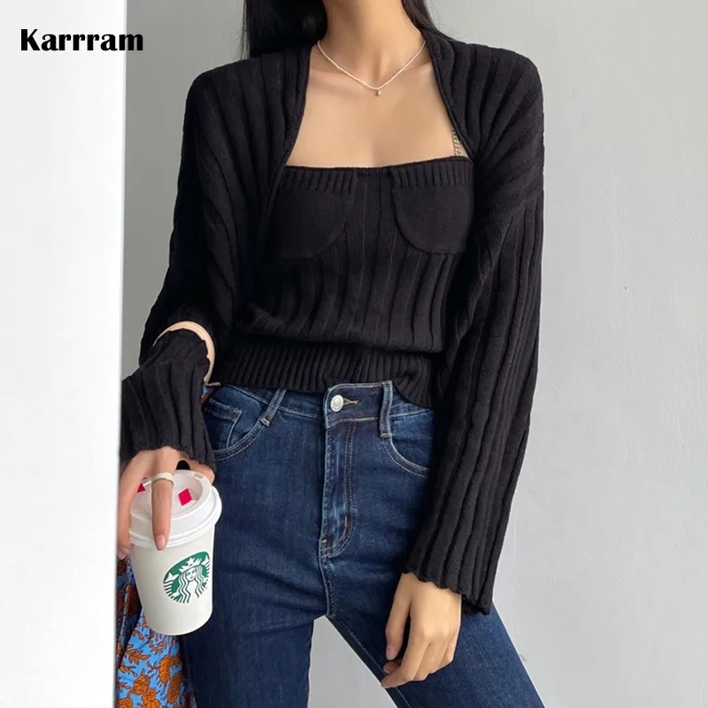 

Женский трикотажный жилет и кардиган Karrram, однотонный облегающий жилет с длинным рукавом и цепочками на осень и зиму, 2022