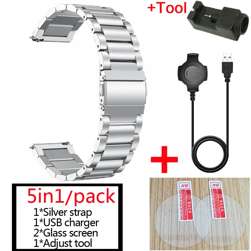 Серебристый 5в1 для Xiaomi Amazfit Pace металлический ремешок из нержавеющей стали+ USB зарядный кабель+ amazfit pace Защитное стекло для экрана - Цвет: Серебристый