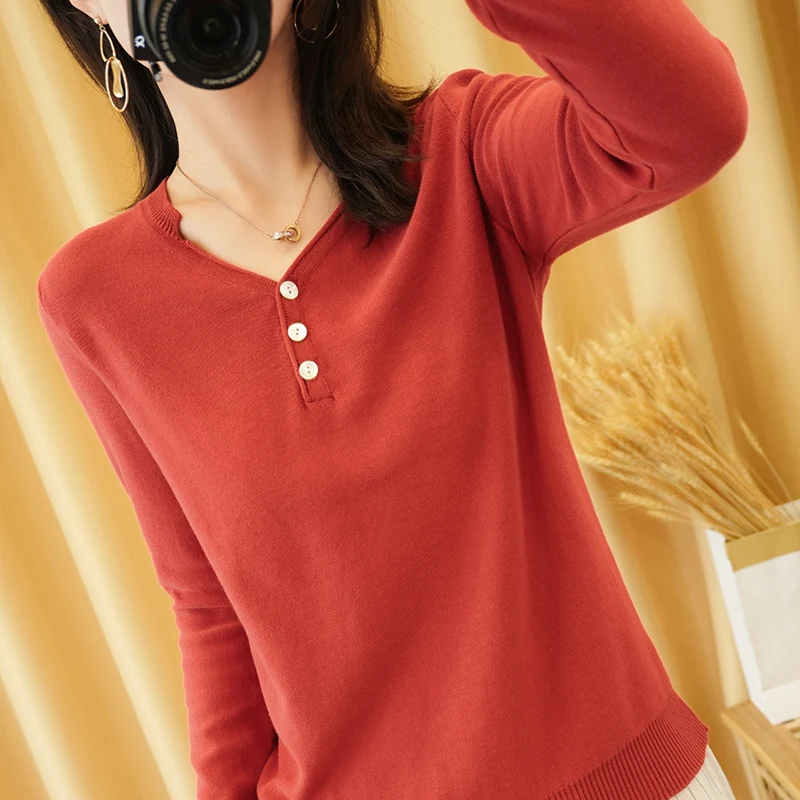 

Хлопковый женский свитер Lafarvie на весну-осень, топы с длинным рукавом и V-образным вырезом, вязаный пуловер, женская одежда на пуговицах, повс...