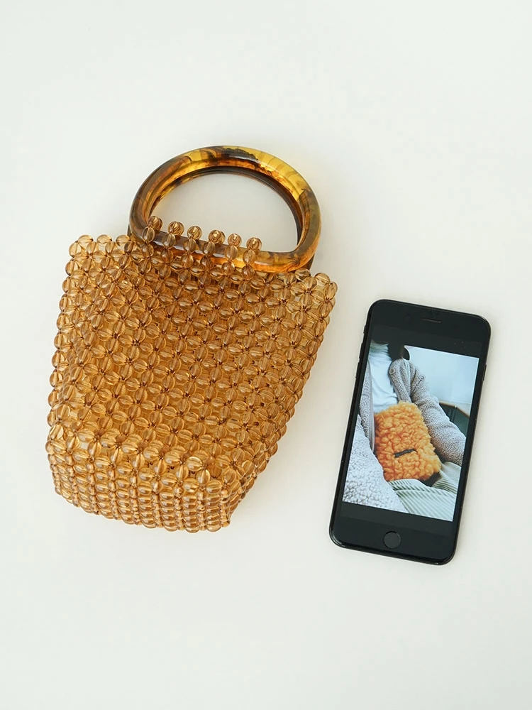 

Brand Designer Handbags Handmade Acrylic Beaded Retro Pearl Bag Top Handle Woven Mobile Phone Bag New Evening Bag Clutch Bag
