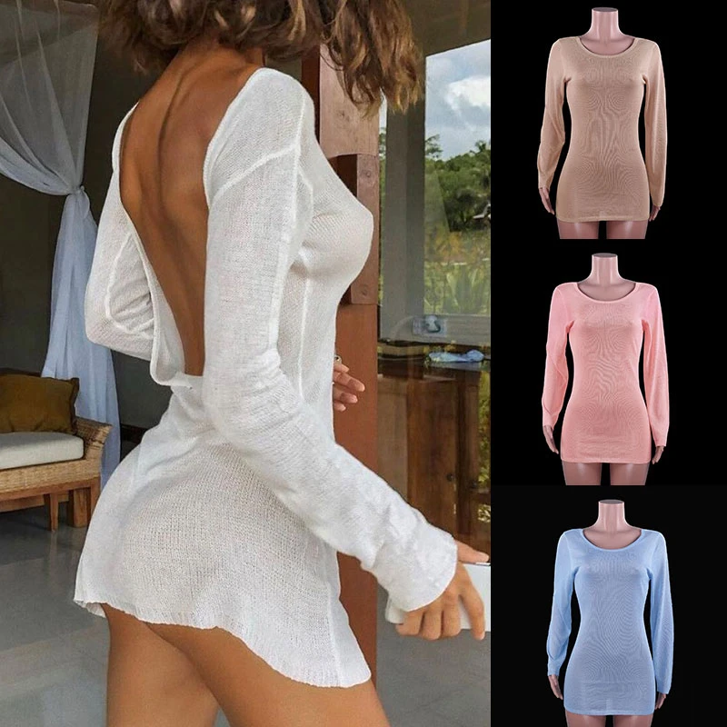 

Summer Sexy Sundress Sexy Mini Dress Women Solid Beach Backless Long Sleeve Fashion Bikini Cover Fashion Slim Thin Dress