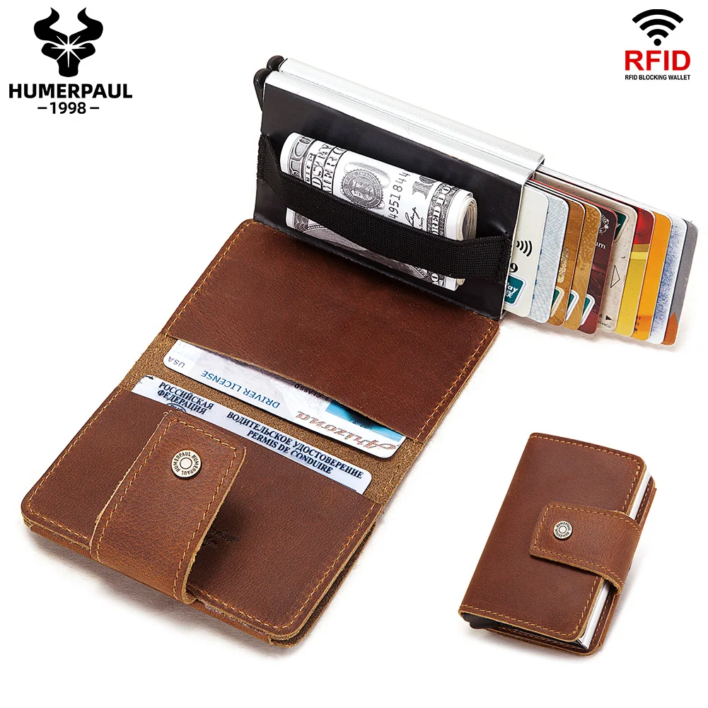 

2020 Rfid Men Leather Credit Card Holders Business ID Card Case Male Coin Purse Fashion Automatic Blocking Aluminium Card Walet