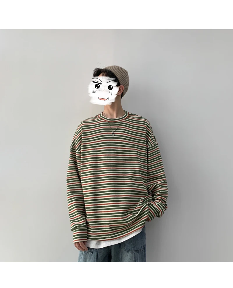Мужская футболка с длинными рукавами, модные полоски контрастного цвета, Футболка мужская уличная хип-хоп свободная хлопковая Футболка с круглым вырезом