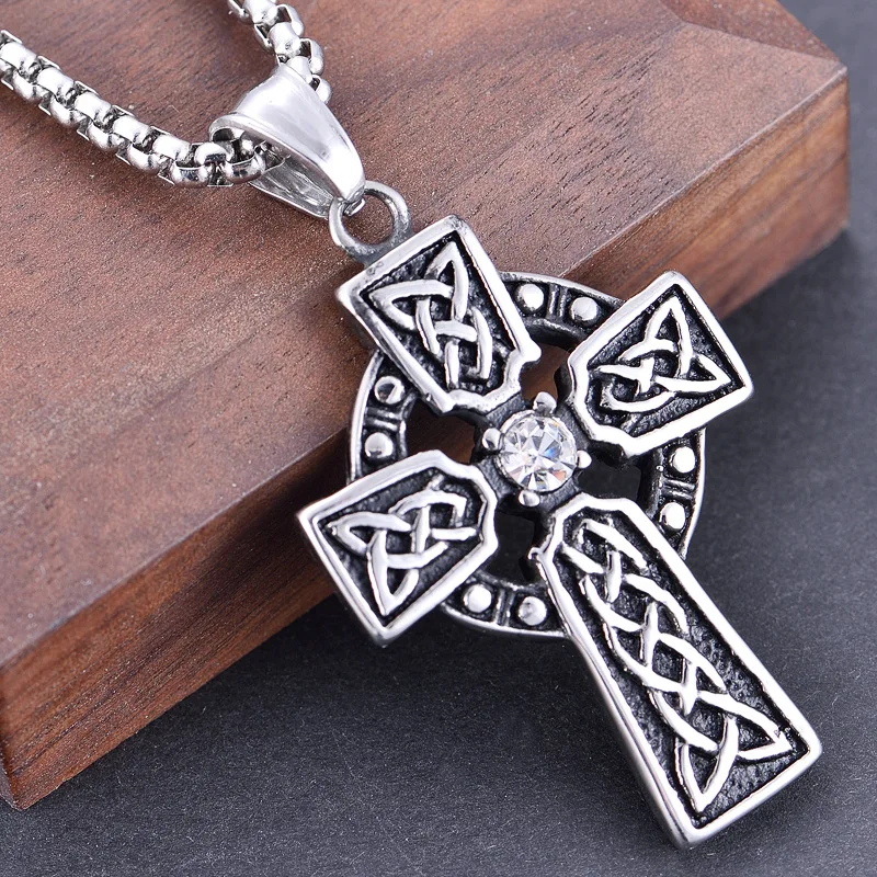 

European and American Stainless Steel Cross Necklace titanium steel diamond inlaid Jesus Pendant