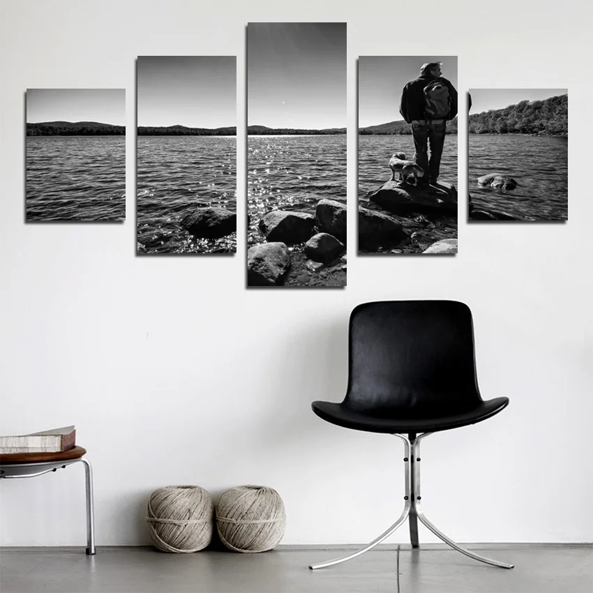 

Black And White Landscape Pictures Man Stand On The Seaside Wall Art Canvas Painting Posters 5 Panel Living Room Home Decor
