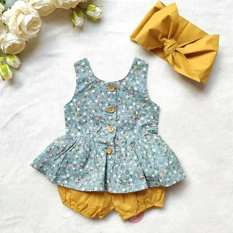 

Infant Baby Girl Floral Sleeveless Tops Dress Shorts Headband Clothes Sunsuit