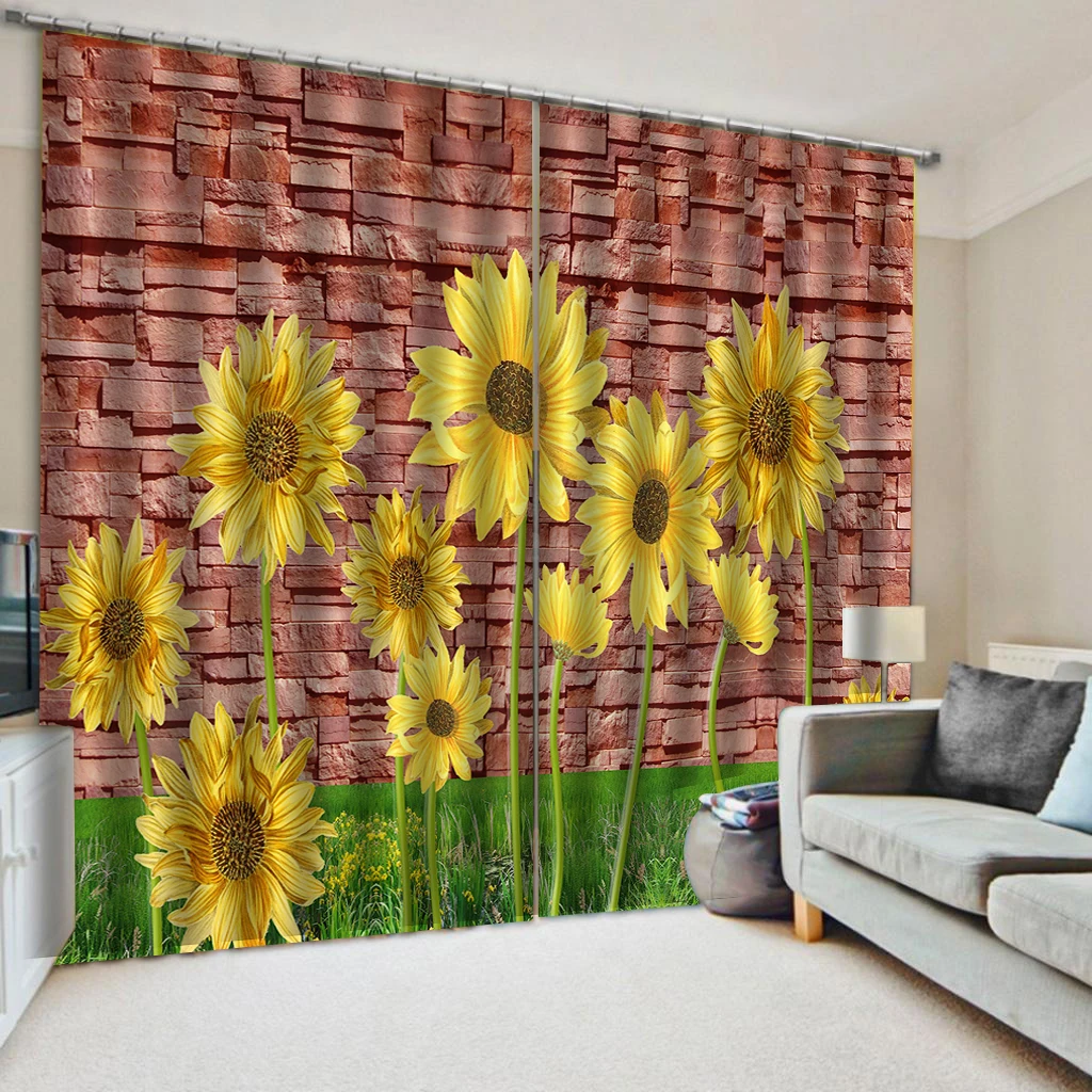 

Curtains Decoration European 3D Curtains Blackout Rock wall sunflower Photo 3D Curtains for Living Room Window