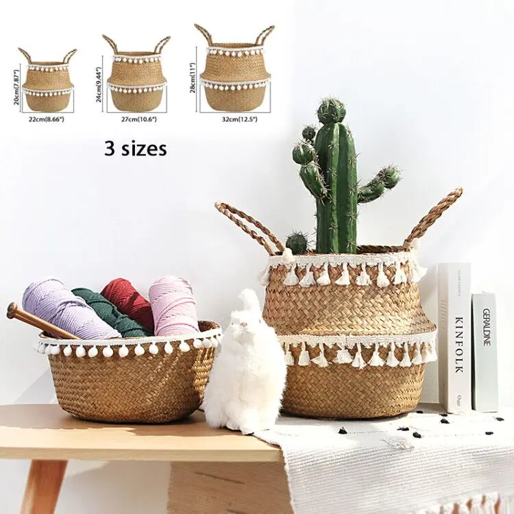 

3 Pcs Set Woven Bamboo Storage Baskets Foldable Laundry Straw Patchwork Wicker Rattan Seagrass Belly Garden Panier Osier Planter