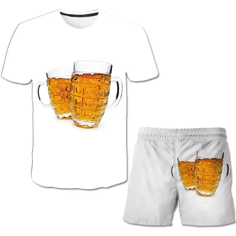 

2021 on the new children's short sleeve set 3D printing beer pattern short sleeve shorts set boys and girls casual style