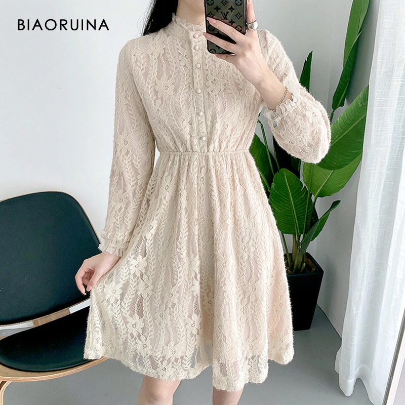 Женское кружевное платье с цветочной вышивкой BIAORUINA абрикосовое элегантное