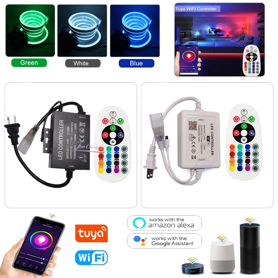 Controlador com 24key Remoto para 5050 Tuya Wifi ir 110v 220v Rgb Strip Neon Luz ue Eua Plug Ac110v-220v App Led