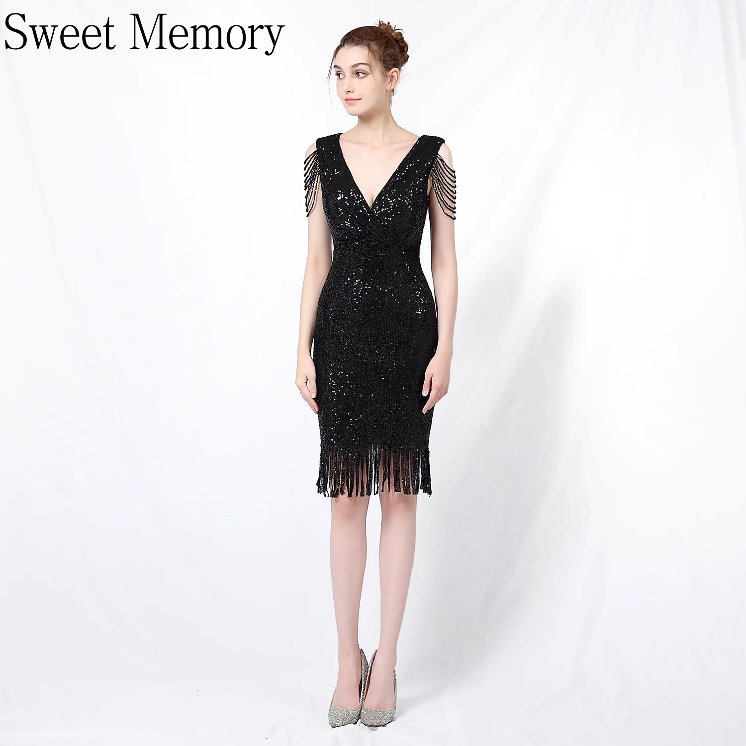 

Sw0131 Sweet Memory Elegant Short Sequin Black Pink Wine Red Prom Dresses