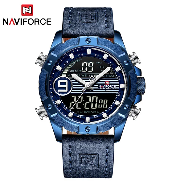 NAVIFORCE Reloj Hombre, наручные мужские часы, Лидирующий бренд, роскошные, натуральная кожа, кварцевые часы, спортивные часы, мужские Relogios Masculino - Цвет: Blue
