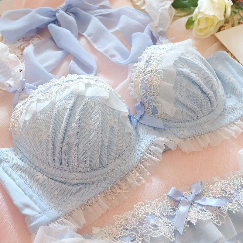 Super Fairy Lace Ruffles Bra & Briefs Sexy Small Fresh Lolita Girl Plus-size Flower Embroidery Push Up Underwire Underwear Set