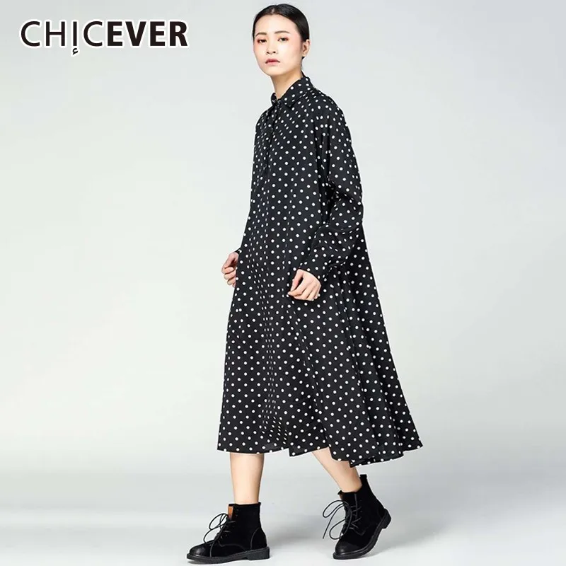 Платья CHICEVER в горошек для женщин черное платье средней длины с длинным рукавом и