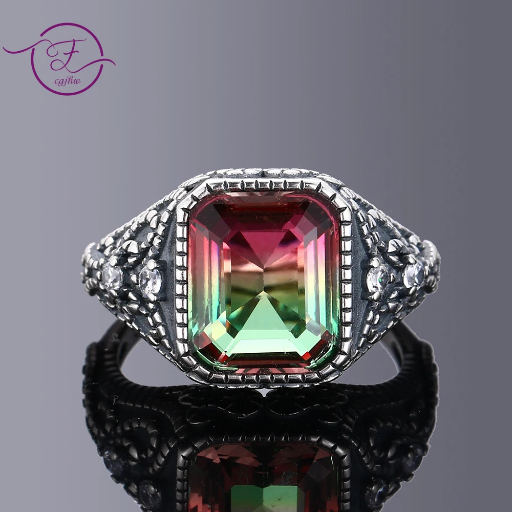 

Multicolor Large Rectangular 10 * 12MM Tourmaline Craft Zircon Ring Female Engagement Wedding Party Jewelry Anniversary