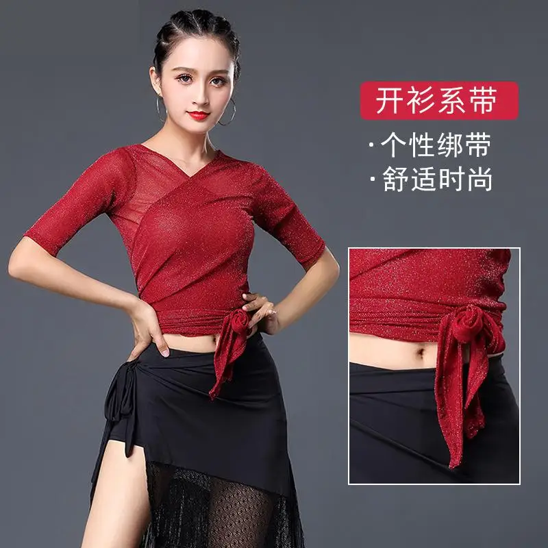 

Top-costume New Latin Dance Training Top For Women/female Short Sleeve Lace Up Sexy Mesh Vogue Black Lady Modern Dance Shirt XXL