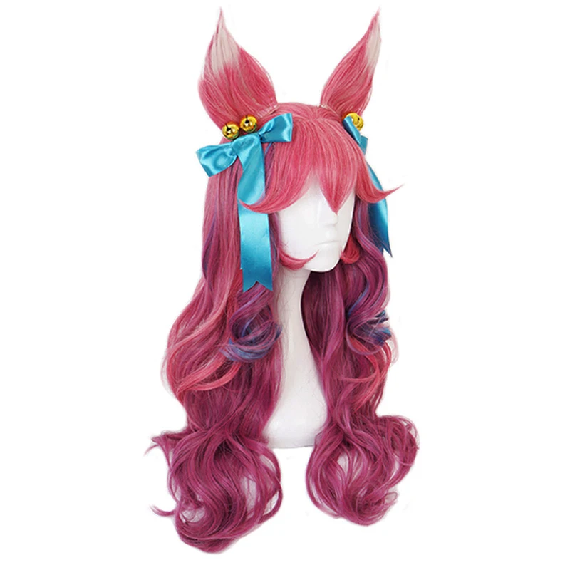 

Spirit Blossom Ahri Mixed Color Long Wig With Ears Headwear Cosplay Costume Heat Resistant Synthetic Hair Women Waves Curly Wigs