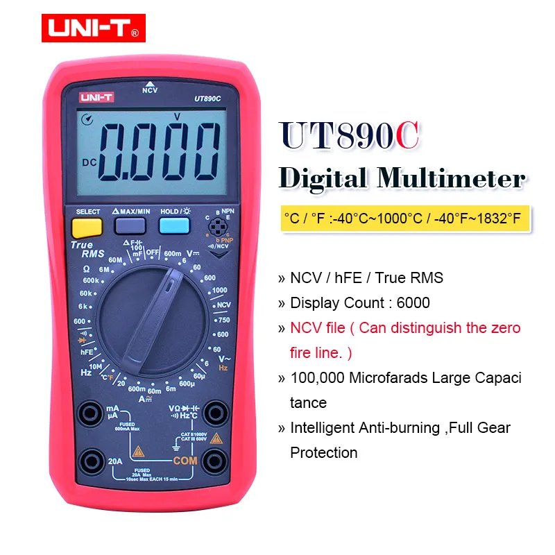 UT890C True RMS цифровой мультиметр UNI-T UT890C UT890D+ AC DC Напряжение измеритель тока Сопротивление Емкость ACV Измерение частоты ЖК-дисплей NCV - Цвет: UT890C