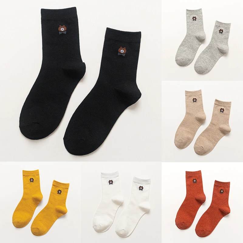 

Носки Женские однотонные с вышивкой, дышащие удобные хлопковые средней длины в японском стиле, с мультяшным медведем, 1 пара