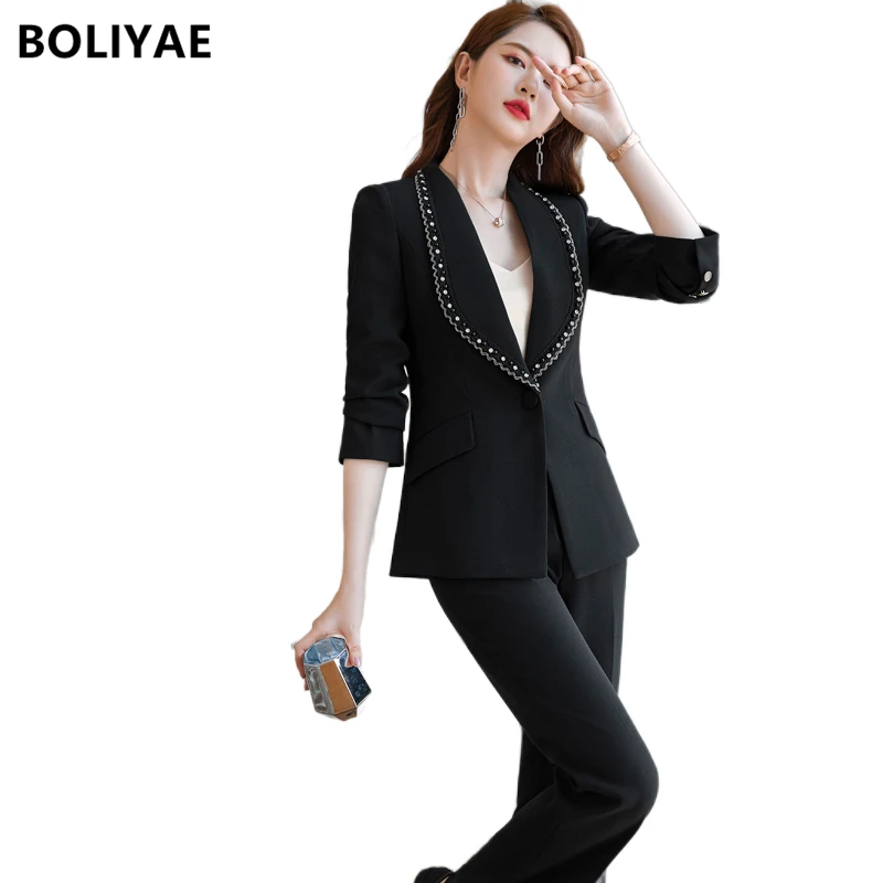 Boliyae Autumn Winter New Long Sleeve Women's Blazers and Pants 2 Piece Suits Elegant Fashion Business Formal Office Jacket Coat