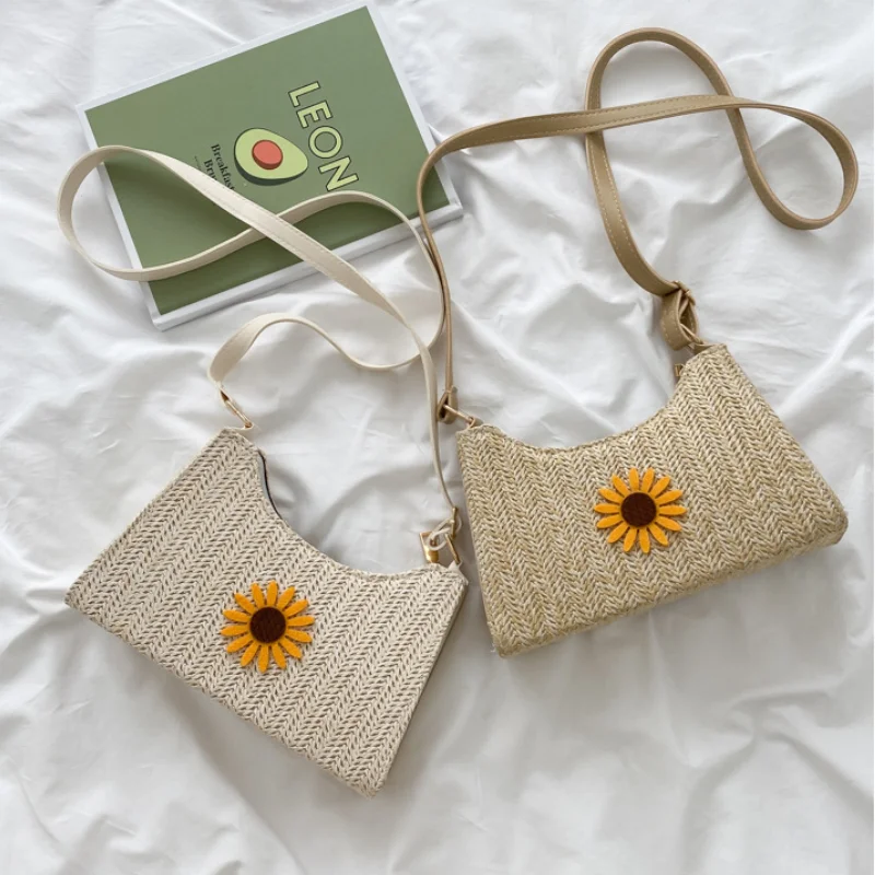 

Simple Straw Fresh Flower Pattern Women Woven Messenger Handbags sac Street Casual Solid Zipper Shoulder Bags Bolsa Mujer Wallet