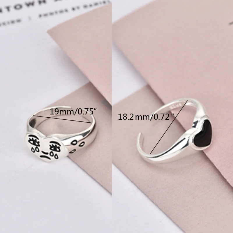 

2Pcs Korean Fashion Crying Face Heart Rings Women Vintage Open Adjustable Ring Special Resizable Rings Band Kit Jewelry