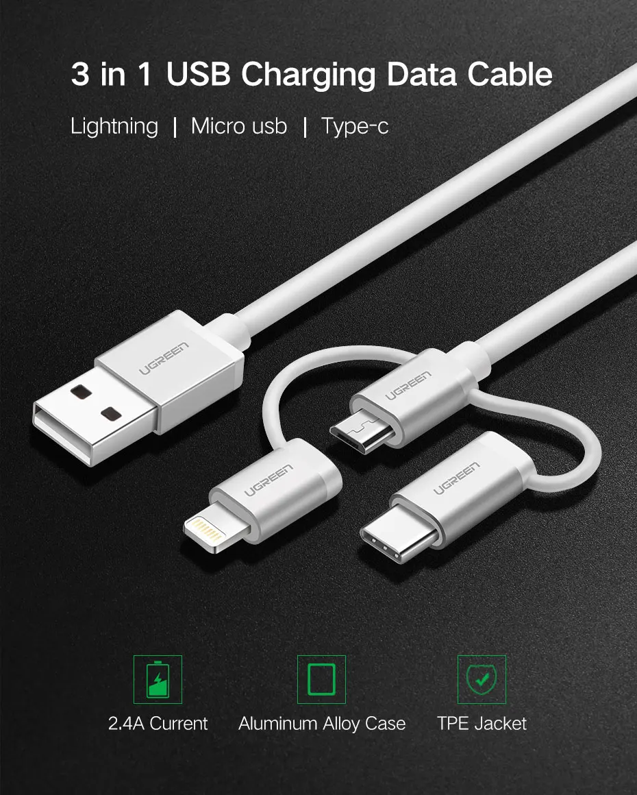 Ugreen 3 в 1 Lightning USB кабель для iphone 8 7 Micro USB кабель быстрой зарядки Тип USB C для OnePlus 5 Samsung Galaxy S8 LG V3