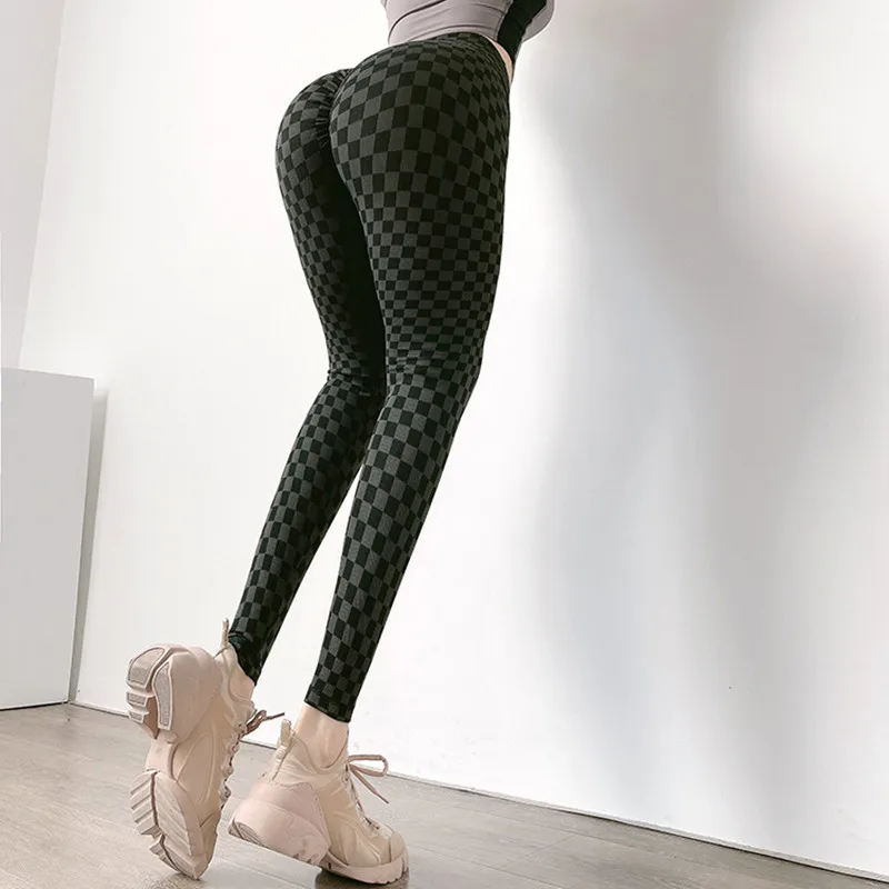Yoga pants ladies peach pants black and white grid fitness pants high waist hip hip tight running sports leggings and pants
