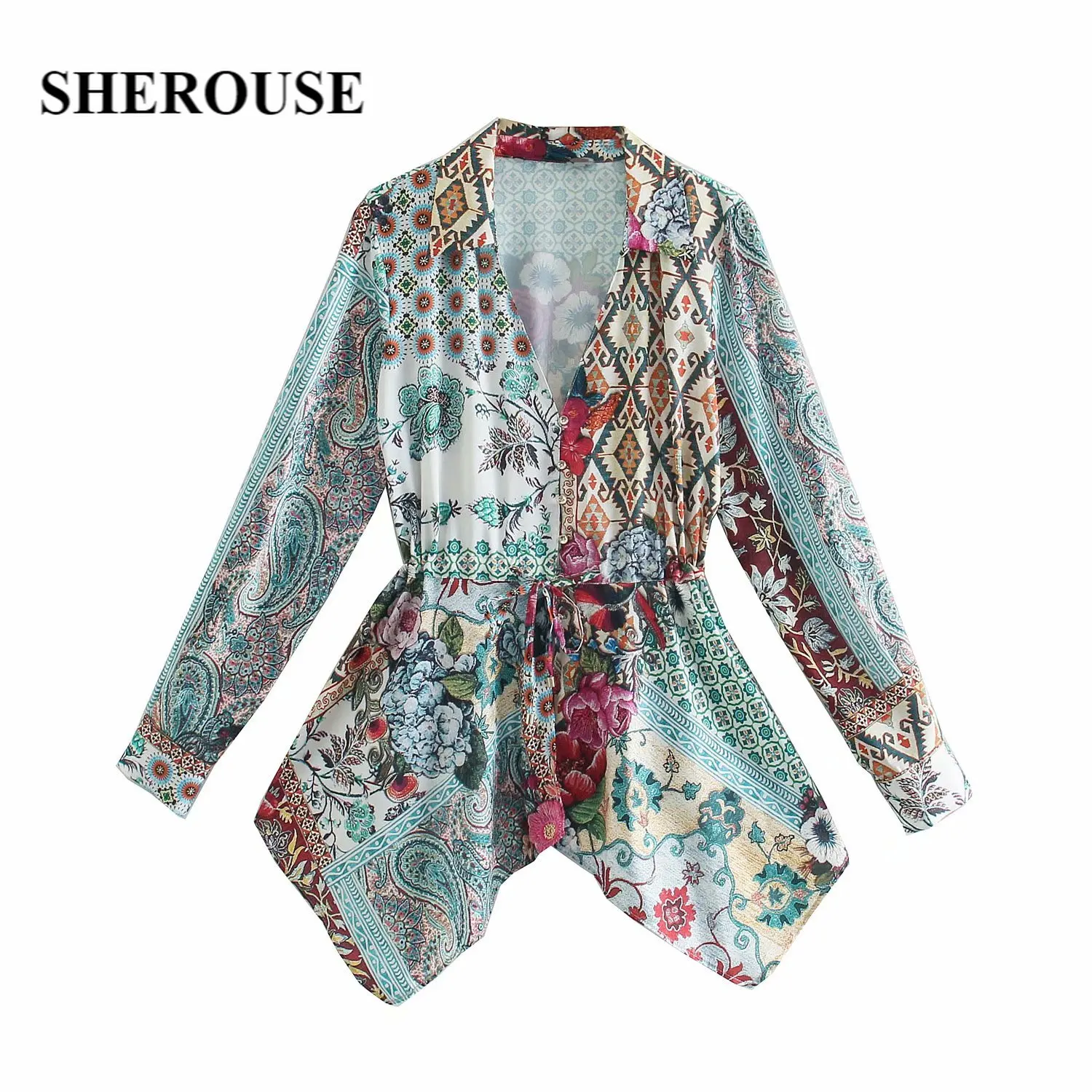 

2021 Women Fashion Printed Shirring Shirt Long Sleeves V-neck Vintage Blouse Casual Buttoned Top Chic Lady Tops Woman haut femme