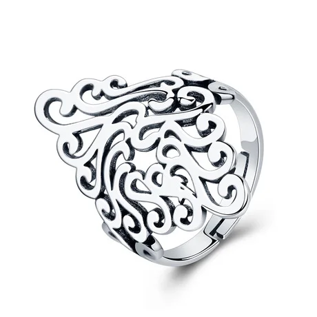 

925 Sterling Silver Hollow flower Ring Heart Lock Chain Thai Silver Adjustable Rings For Women