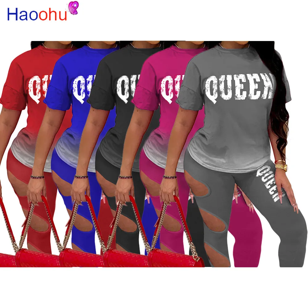

HAOOHU Fashion Women Two Piece Sets Sport Fitness Outfits Letter Top Hole Pants Jogger Bilkers Tracksuits