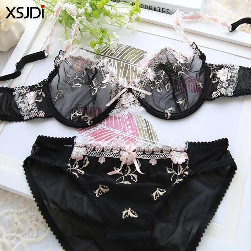 Женский сексуальный прозрачный комплект нижнего белья с вышивкой бюстгальтер на