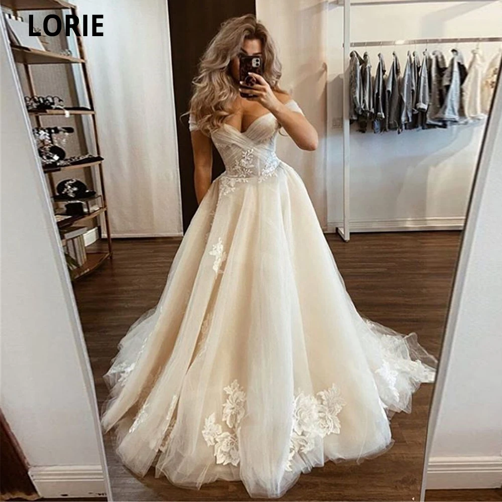 

LORIE Off The Shoulder Bohomia Wedding Dresses 2020 Open Back Lace Appliques with Tulle Beach Bridal Gowns Country Party Dress