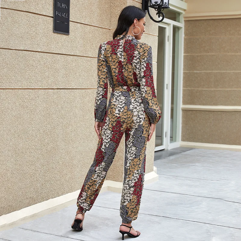 

New Bohemia Fashion Floral Printed Casual Jumpsuit Long Sleeve Sexy Deep V Loose Bodysuit Woman Autumn Streetwear Outfit