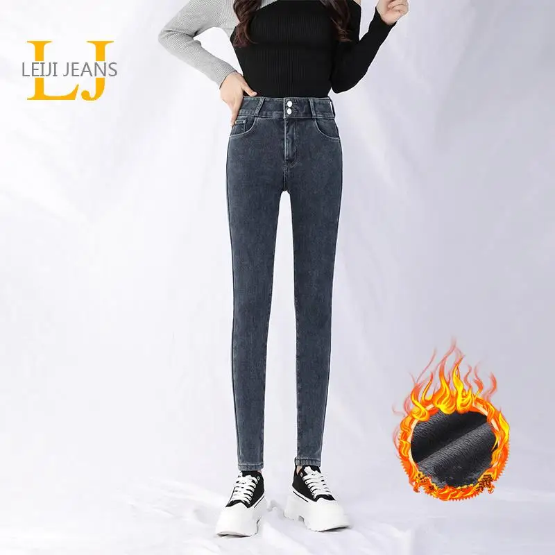 

LEIJIJEANS 2021 Thicken 200 KGS Black winter Jeans Plus Size velvet women jeans 6XL Skinny add wool thick Pencil women Mom Jeans