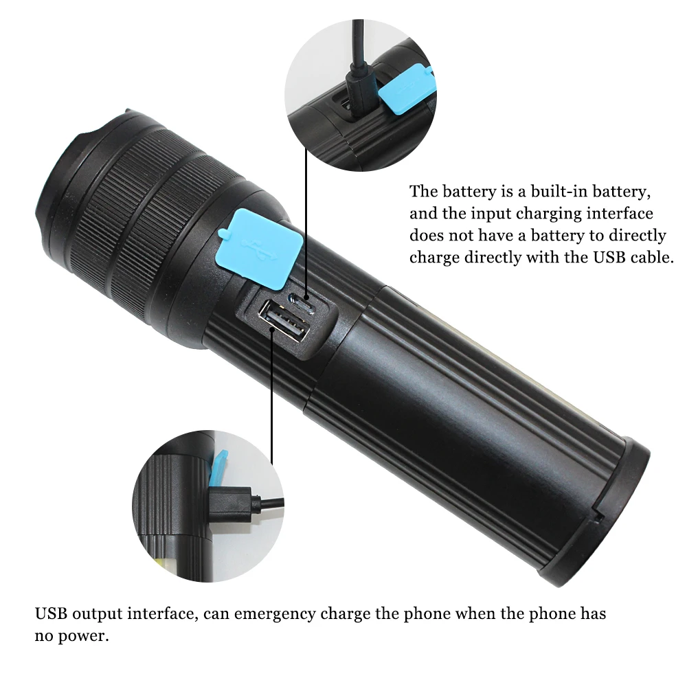 Barato Linterna Multifunción Con Zoom XML T6 COB AK47, Batería Integrada De 5200mAh, Linterna Portátil Impermeable, Luz Recargable Por USB
