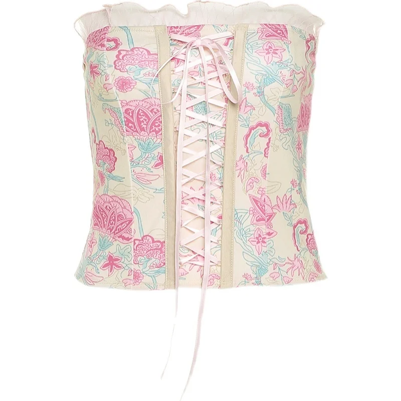 

Kywommnz 2021 Summer French Floral Vest Fashion Printing Women Strappy Tube Slim Short Top E2346