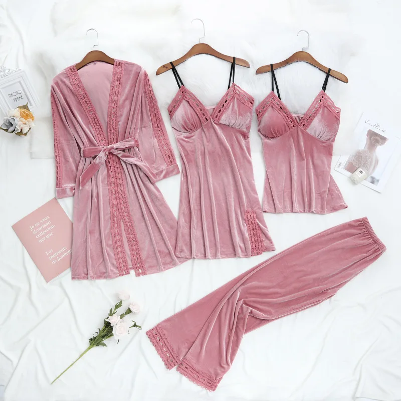 

Pink Woman Velour Pajamas Sets Strap Top Pants 4PC V-Neck Sleep Robe Bath Gown Kimono Sleepwear Nightgown Home Wear Nightdress