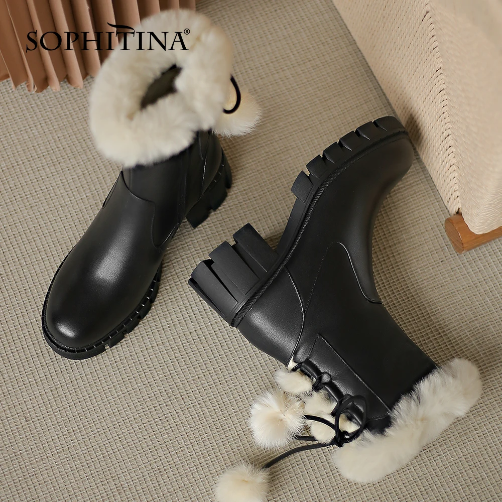 SOPHITINA Winter Warm Snow Ankle Boots Woman Genuine Leather Solid Thick Bottom Fur Lace Up Round Toe Boots Shoes PO901