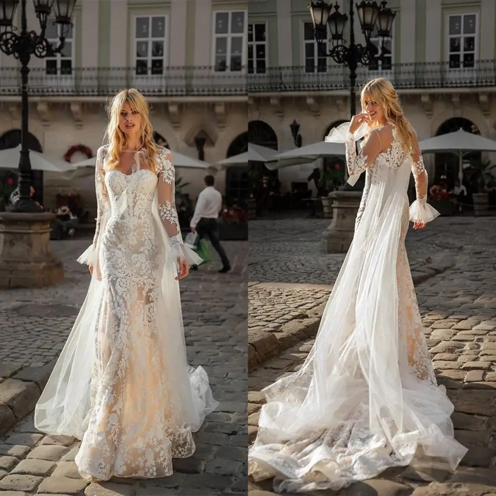 

Light Champagne Mermaid Wedding Dresses with Wrap Appliqued Lace Country Bridal Gowns Bohemian Sweep Train Vestidos De Novia