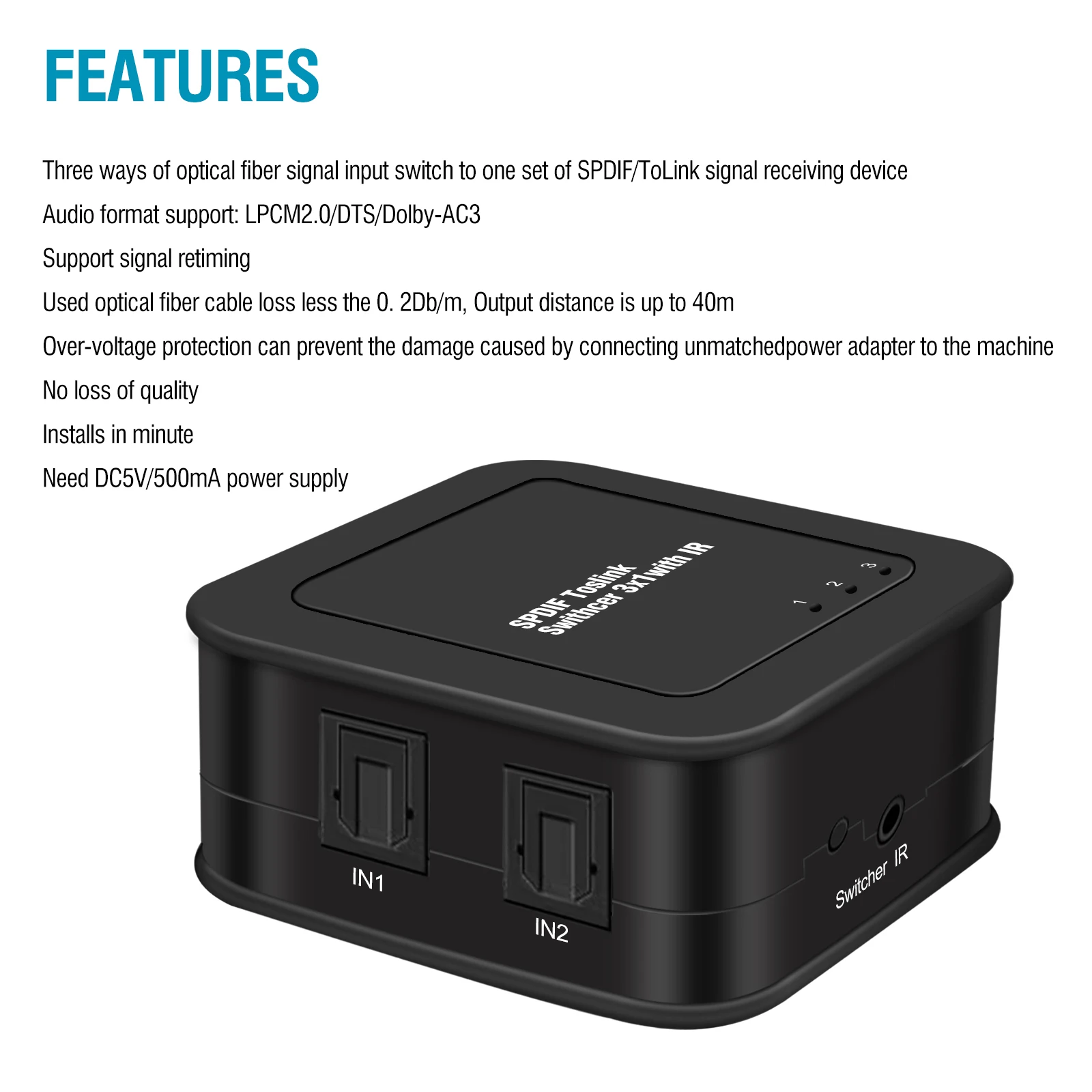3 в 1 цифровой аудиопереключатель из оптического волокна с поддержкой LPCM2.0/DTS/Φ