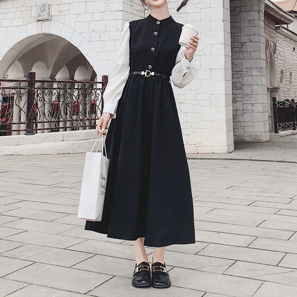 

Korean Fashion Womens Dress Spring Autumn 2021 New Temperament Casual Color Contrast Splicing Long Sleeve Women Long Dress